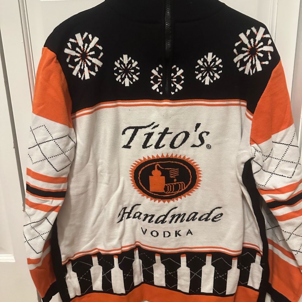 Tito's Handmade Vodka Men's Black and Orange Zip-Up Sweater